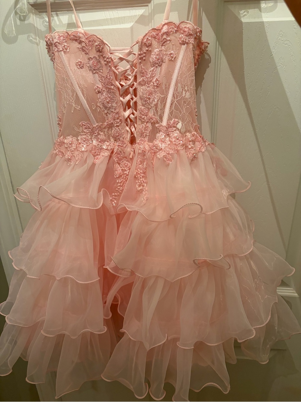 Pink Ruffled Lace-Up Homecoming Dress - Picture 2 of 4